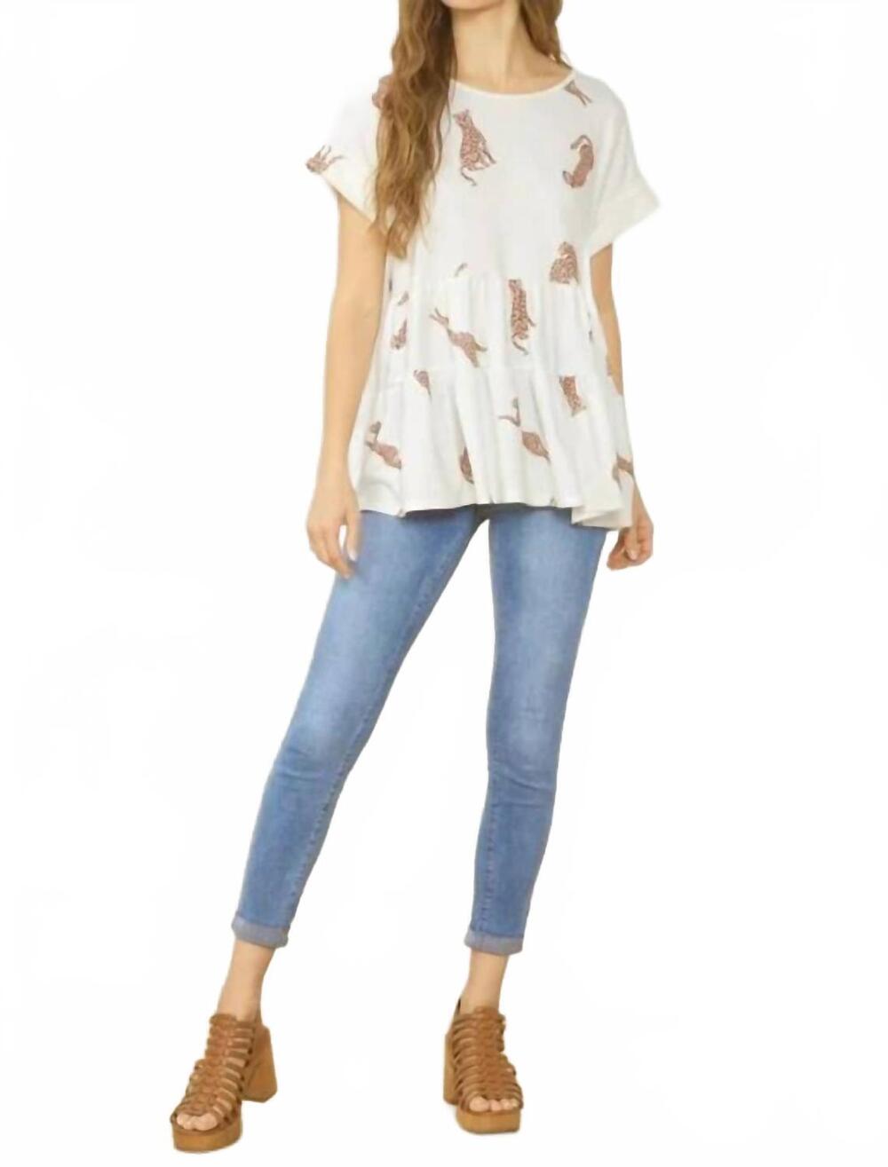 NEW ENTRO sedona tiered ruffle cheetah print top in cream